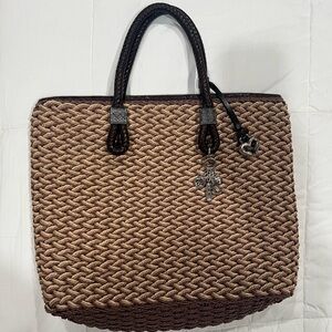 Brighton Rita Tan and Brown Woven Tote with Charms/Heart Hang tag